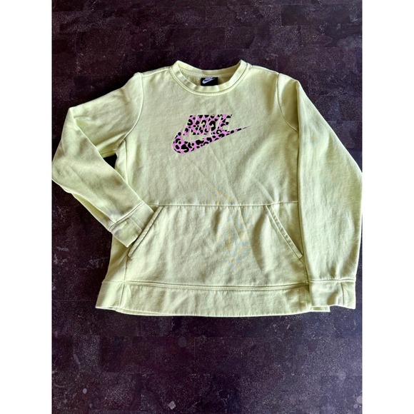 Nike Girls Youth XL Standard Fit Sweatshirt Light Green Cheetah Swoosh Pocket - Picture 1 of 13
